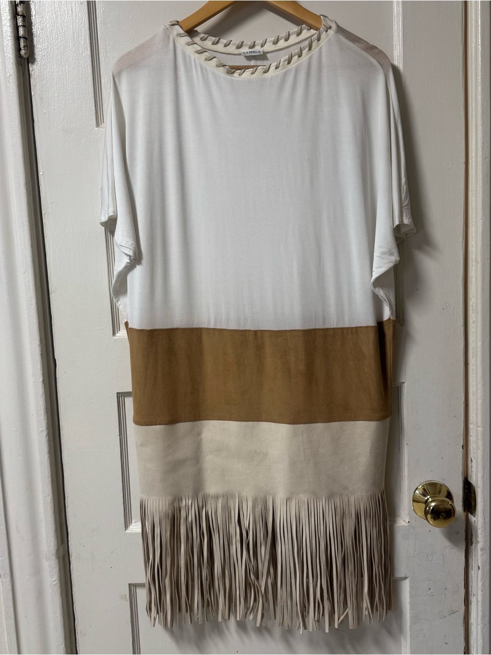 La Perla Cream and Faux Suede Fringe Mini Dress